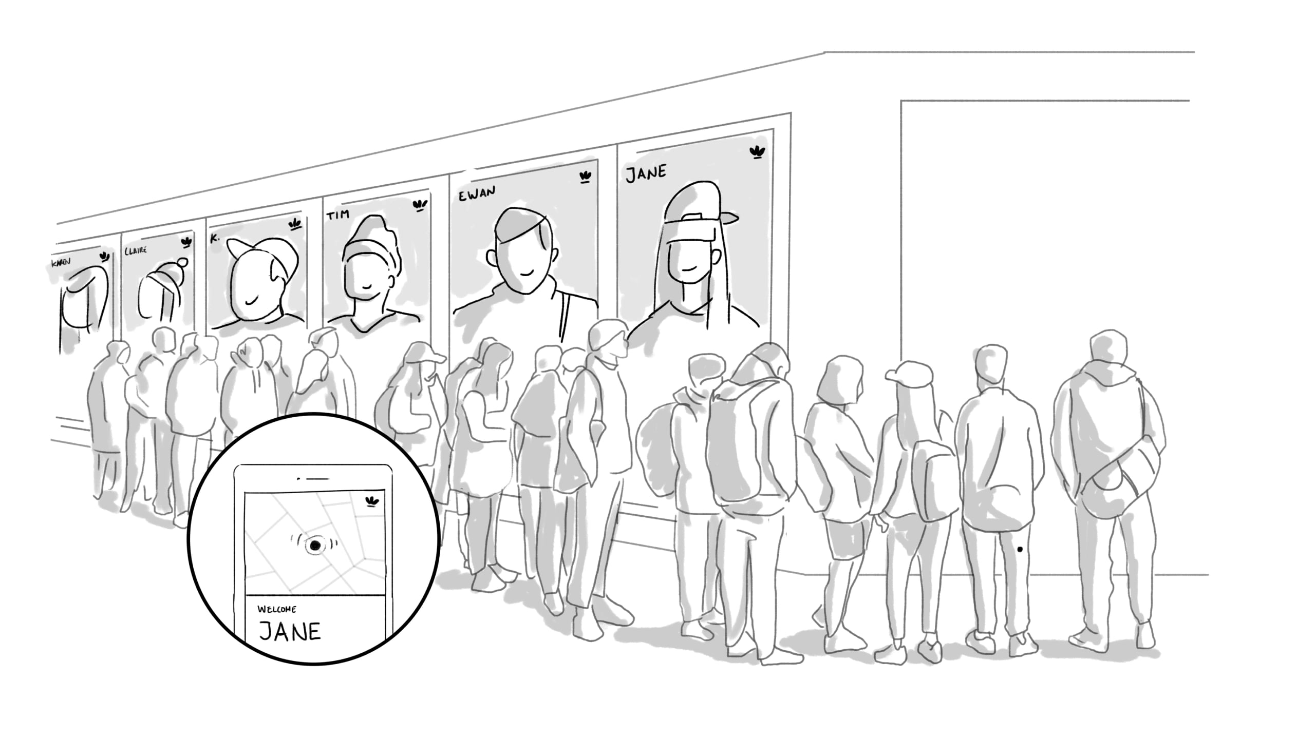 Stimulus sketch of a queue outside a store, where a wall of screens greets each shopper by name as their phone checks them in