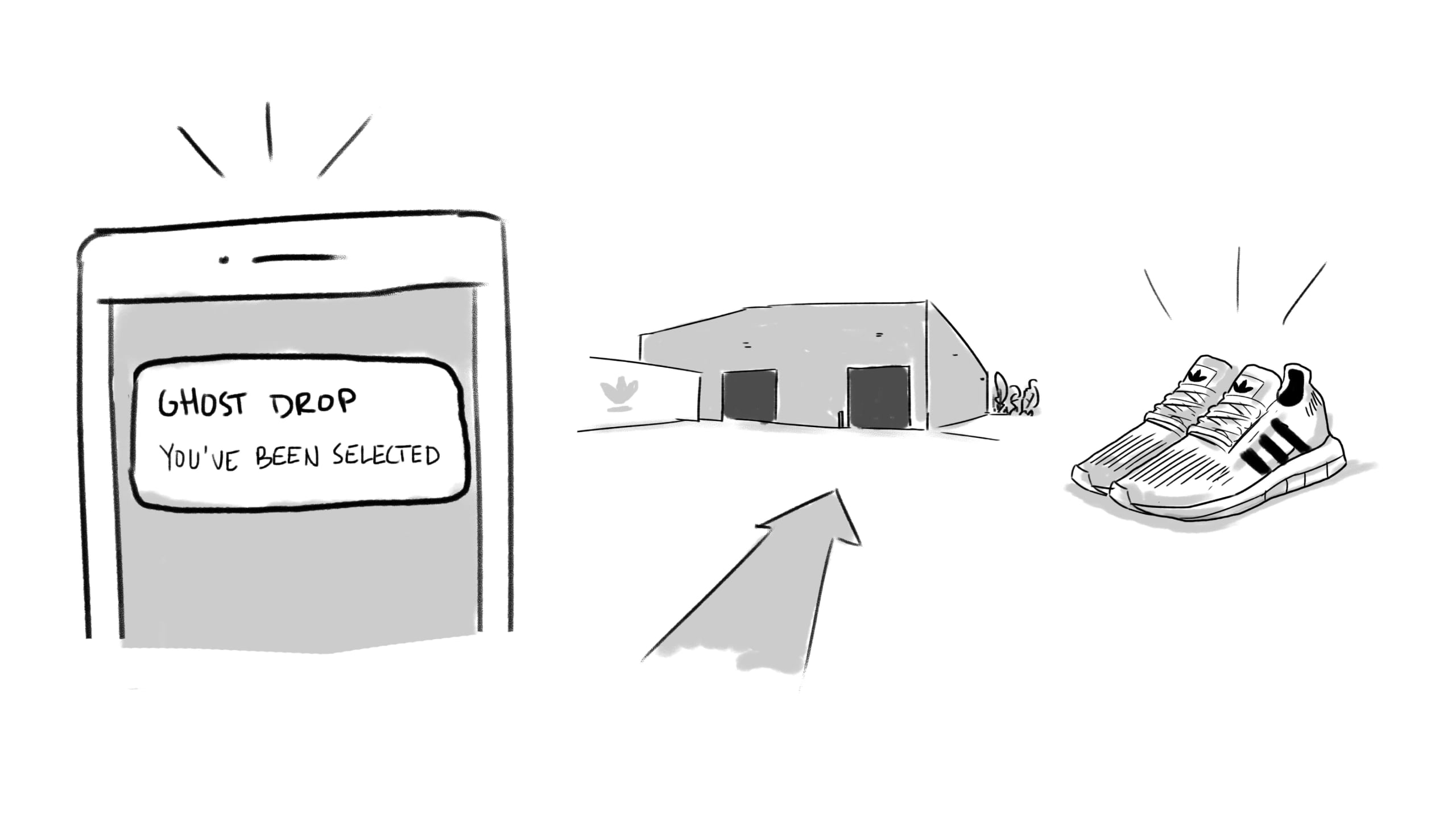 Stimulus sketch of a Ghost Drop: a push notification tells a selected member where to collect an unannounced pair of shoes