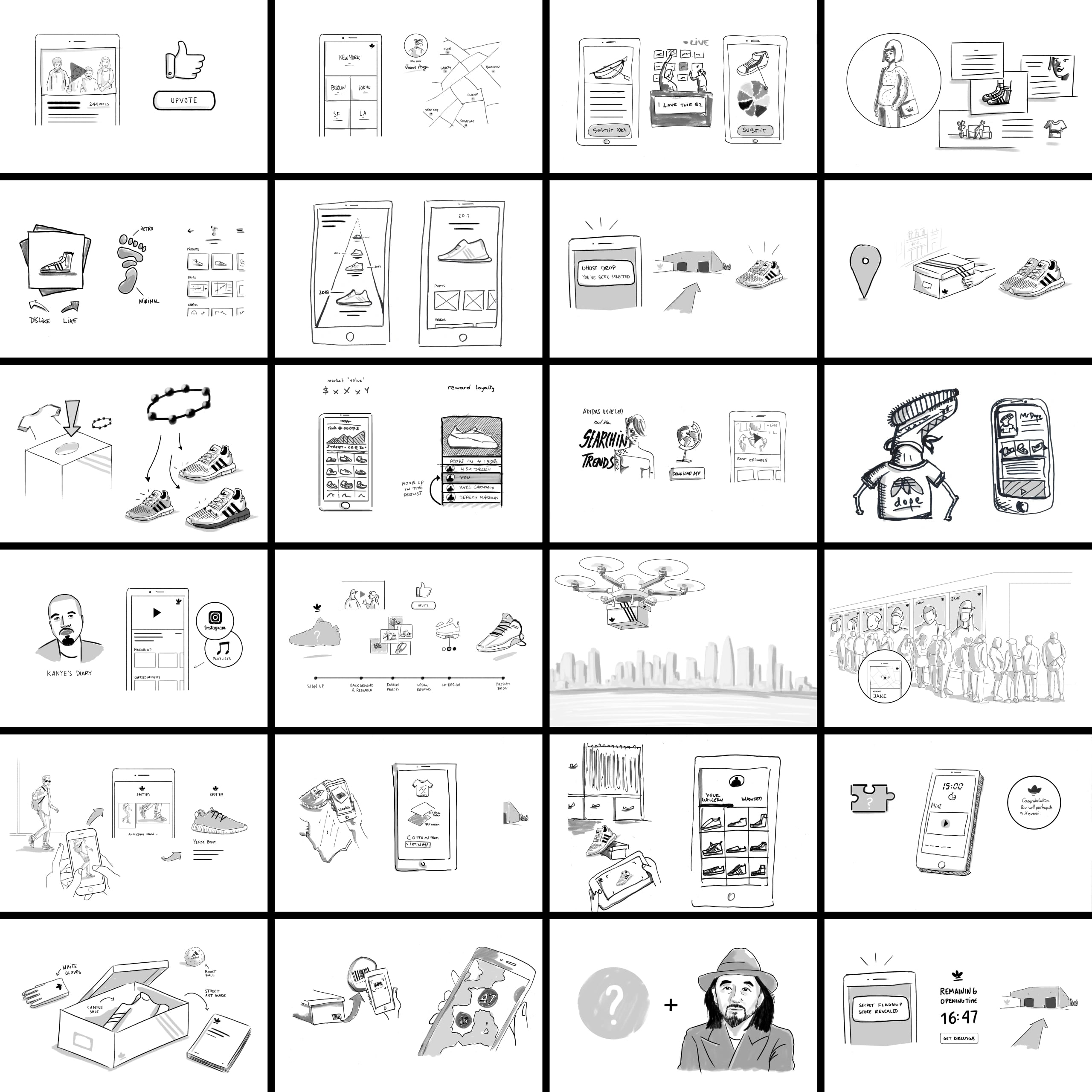 The 23 stimulus sketches taken into the New York research study, laid out as a grid of app concepts