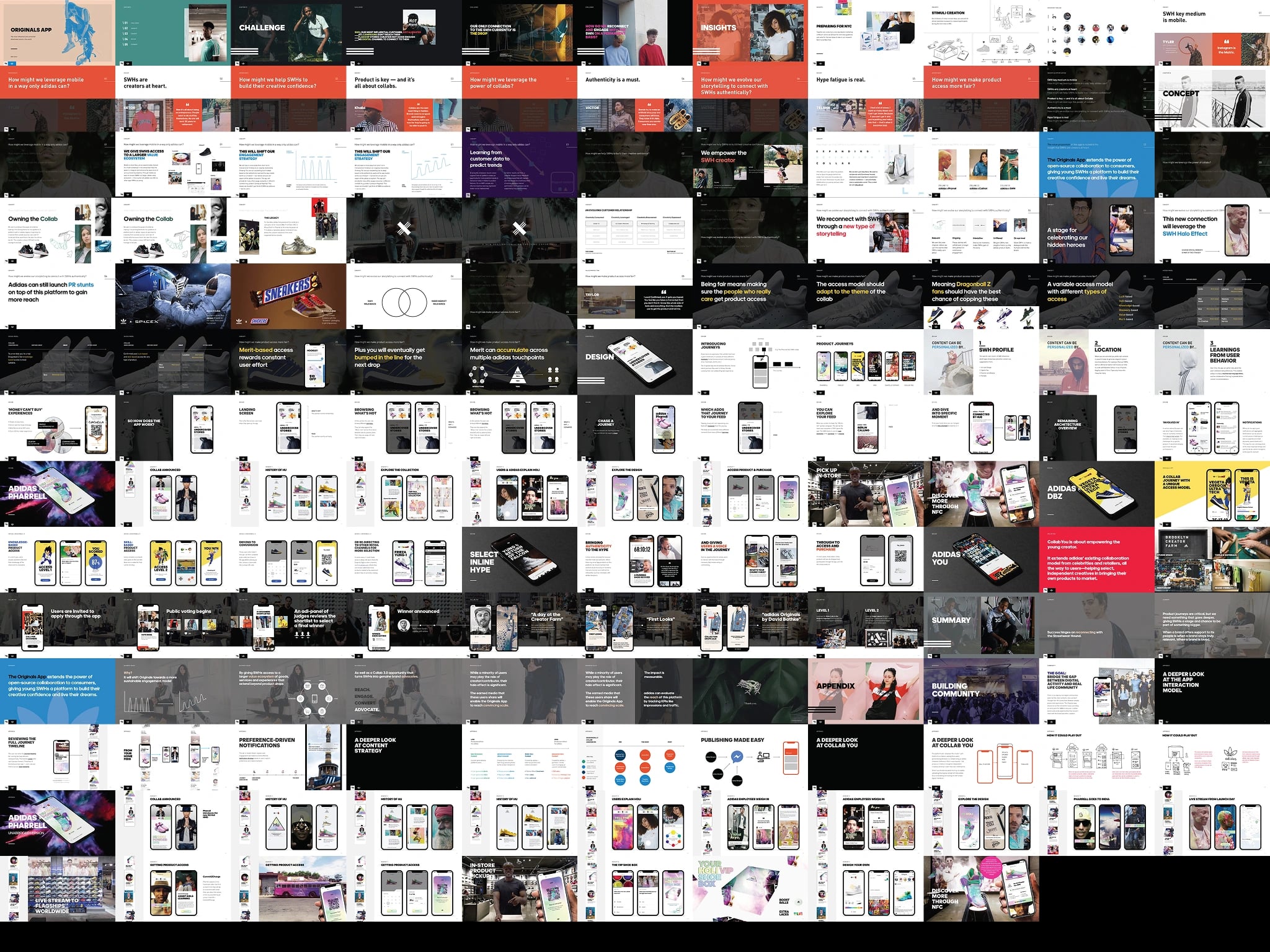 Contact sheet of the concept deck delivered to adidas, covering the challenge, research insights, the access model and the app design