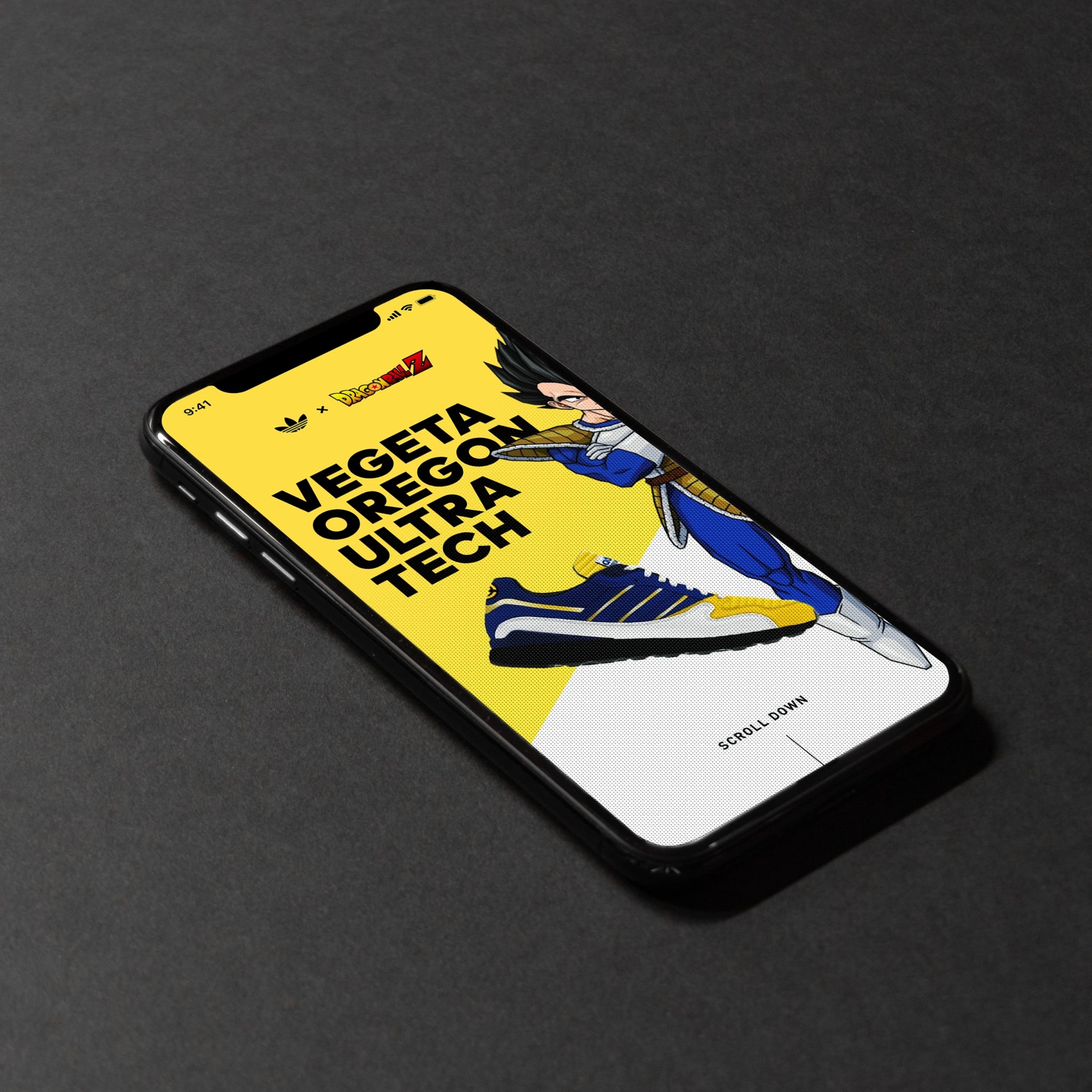 The Vegeta Oregon Ultra Tech drop screen on an iPhone, with Vegeta in yellow and blue standing over the shoe