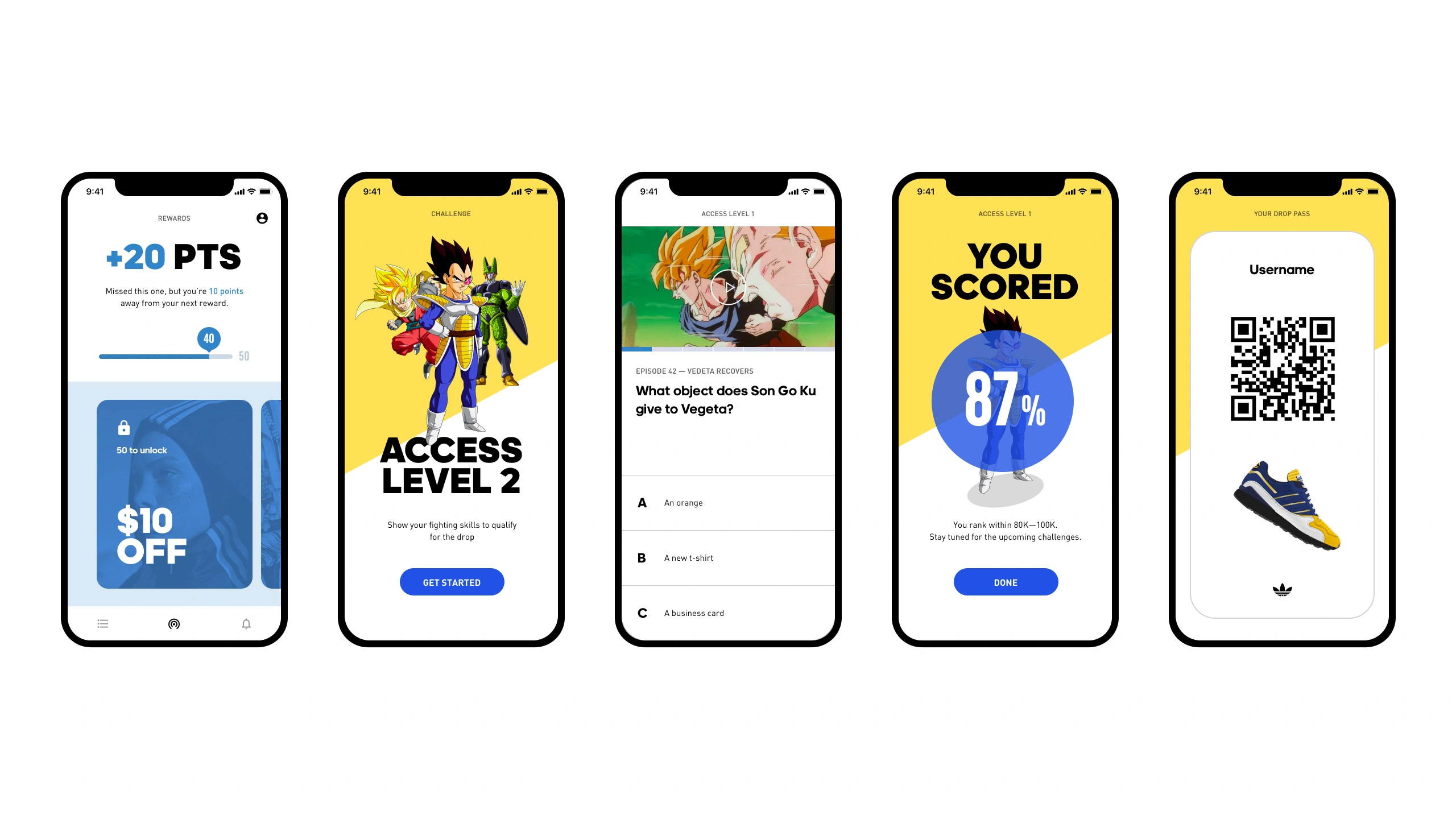 Five app screens showing merit-based access: points earned, an Access Level 2 challenge, a Dragon Ball Z episode quiz, an 87 per cent score, and the resulting drop pass