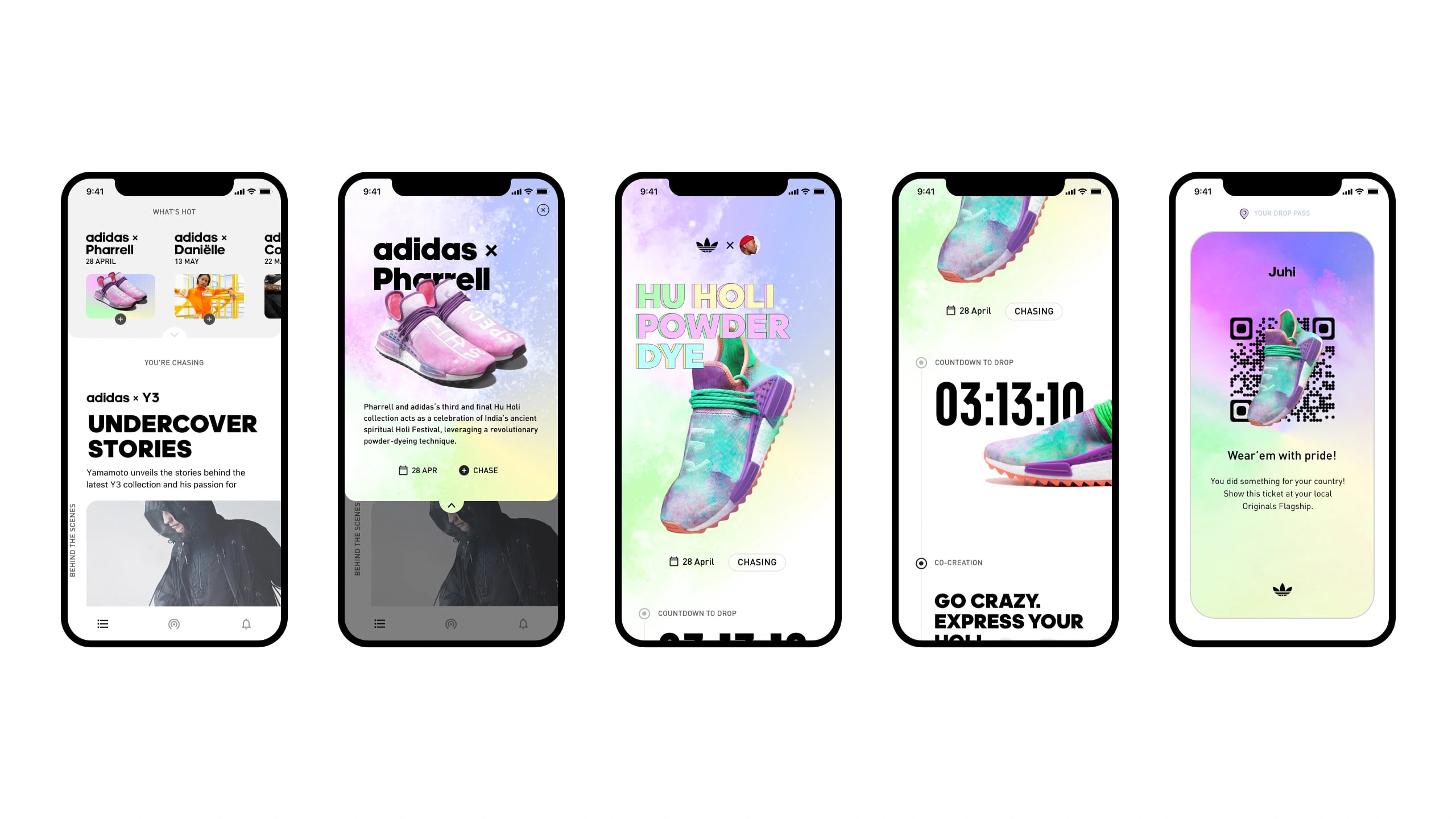 Five app screens from the adidas x Pharrell Hu Holi journey: the collaboration feed, the announcement, the powder-dye artwork, the drop countdown and a personalised ticket