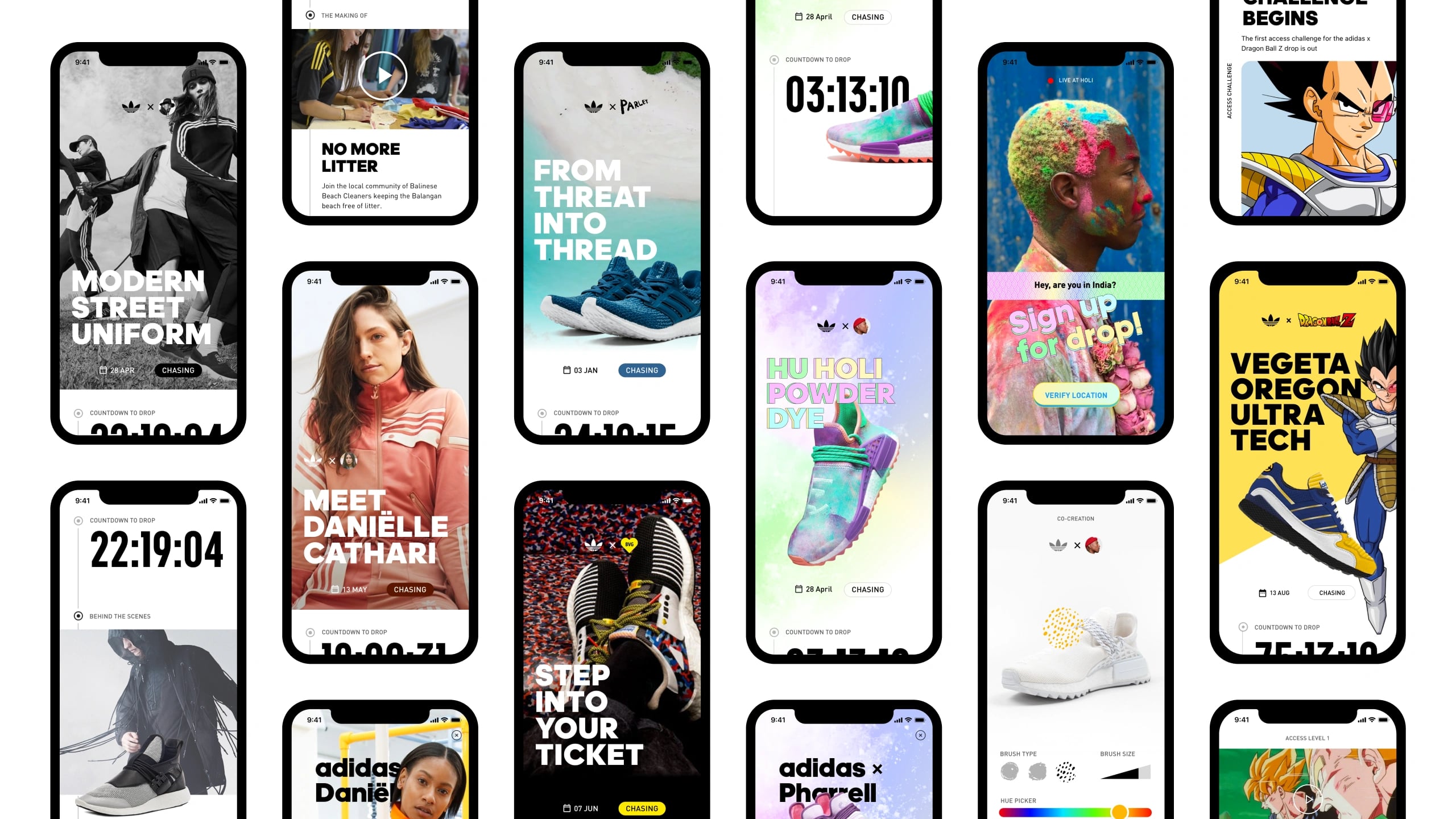 A wall of final app screens spanning the Y-3, Danielle Cathari, Parley, Pharrell Hu Holi and Dragon Ball Z journeys