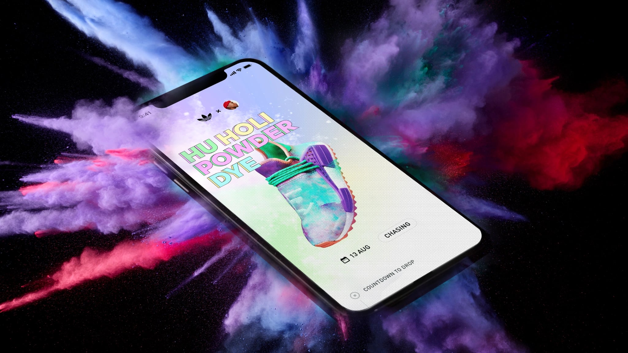 The Hu Holi Powder Dye drop screen on an iPhone, set against an explosion of coloured Holi powder