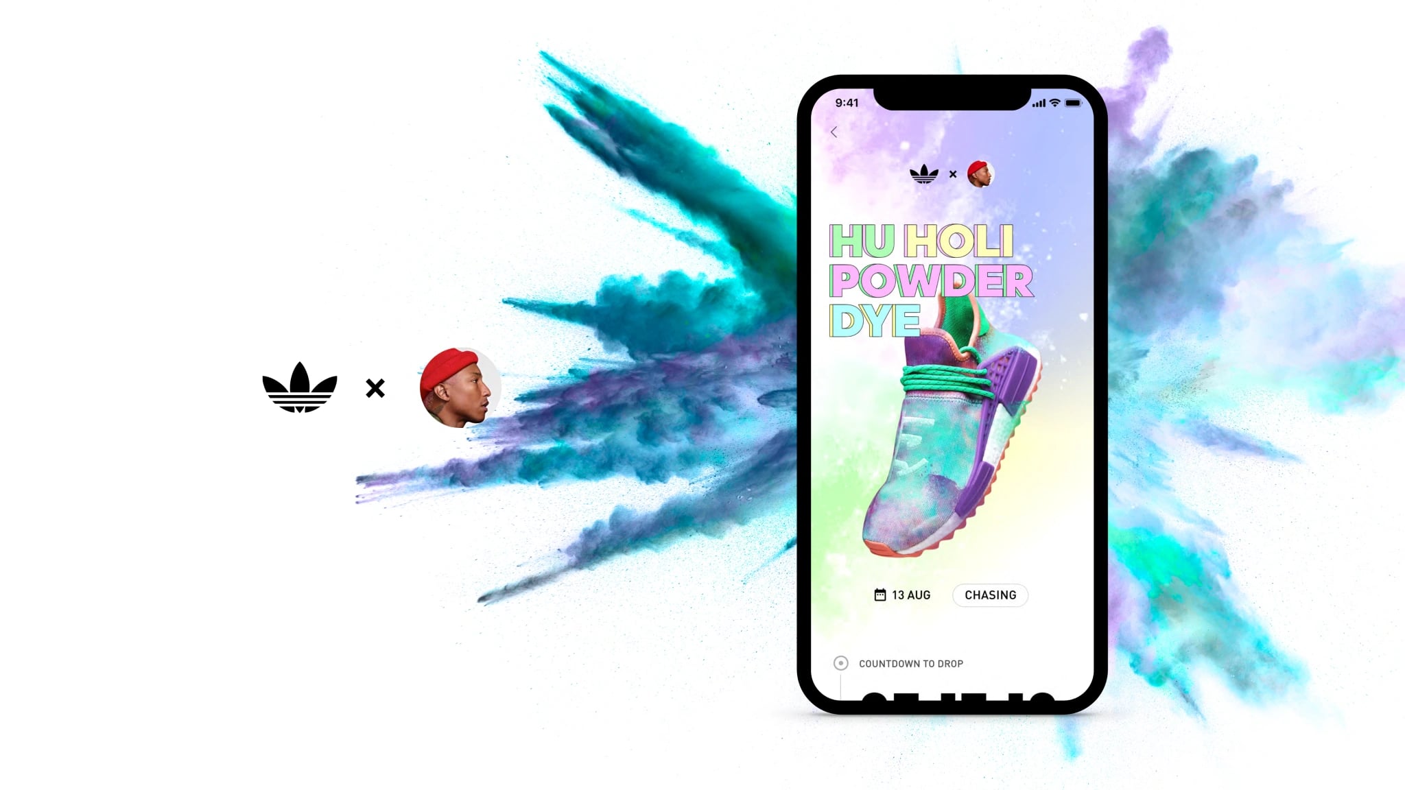 The adidas x Pharrell lockup beside the Hu Holi Powder Dye drop screen, with teal and violet powder bursting behind it