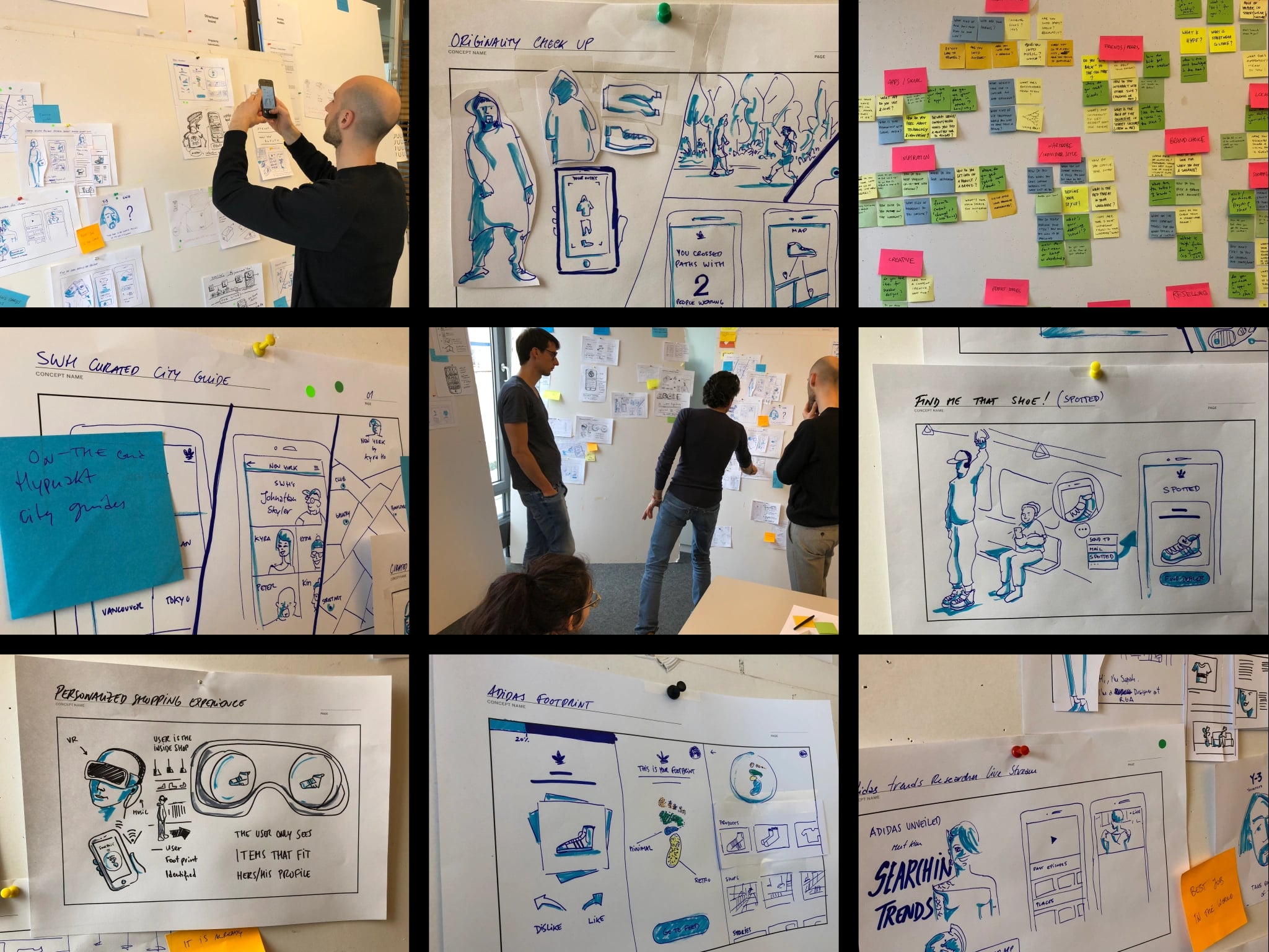 Photo grid from the Munich ideation workshop: marker sketches of app concepts pinned to the wall, a sticky-note affinity map, and the team reviewing them