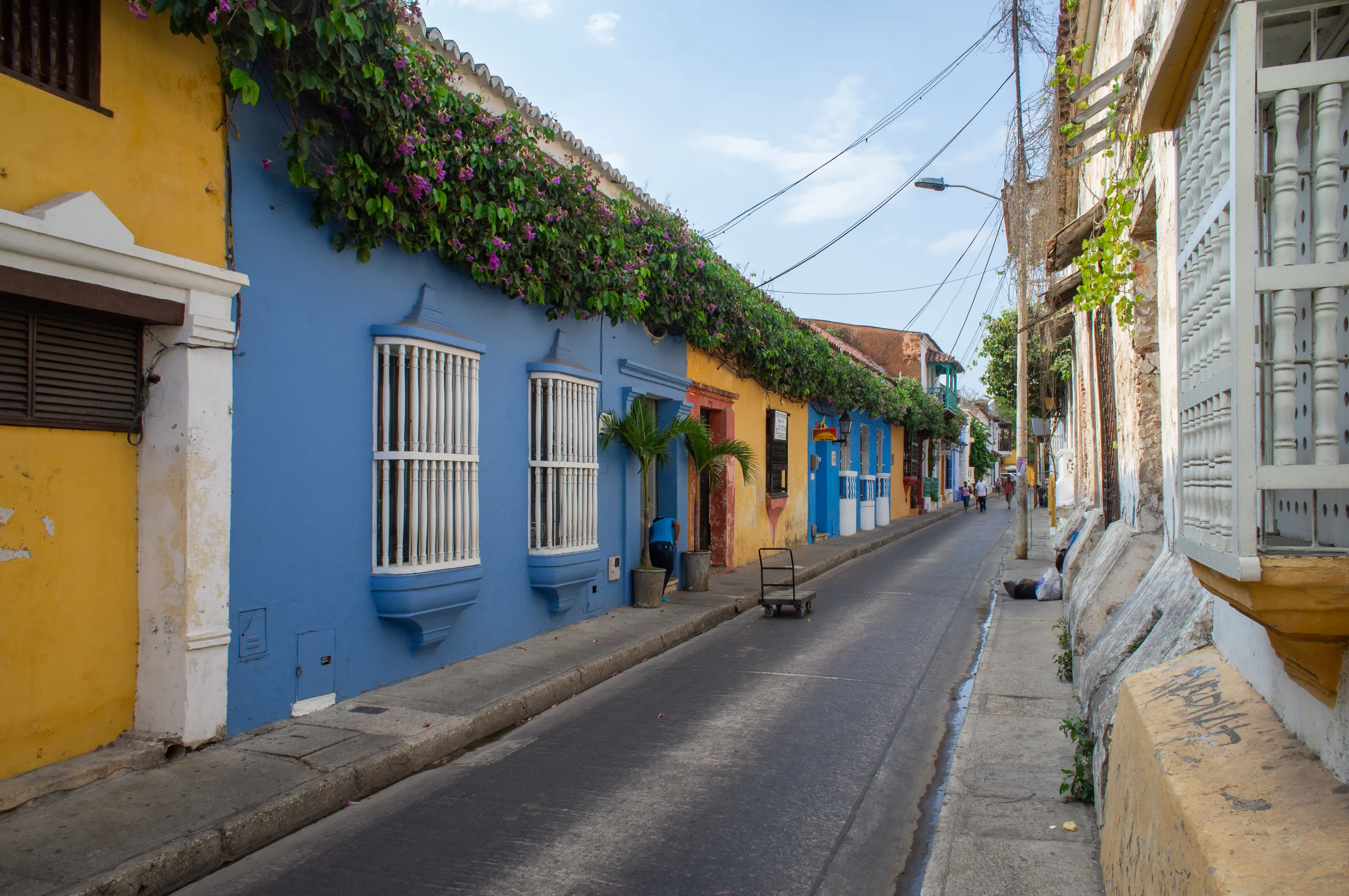 A row of houses painted cornflower blue, yellow and coral along a narrow street, magenta bougainvillea over the blue roofline and a hand cart left at the kerb.