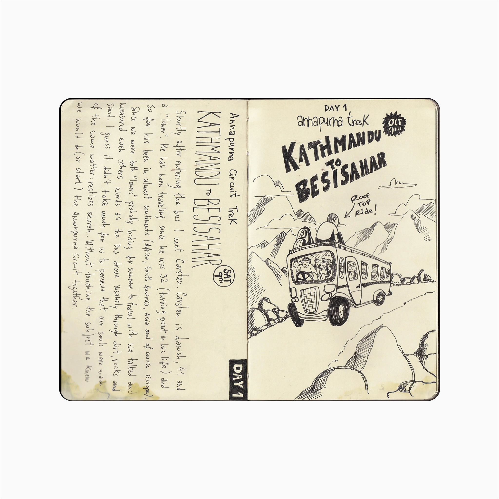 Pen sketch of a packed bus winding through mountains with a traveller riding on its roof, beside a handwritten page on day one of the Annapurna trek from Kathmandu.