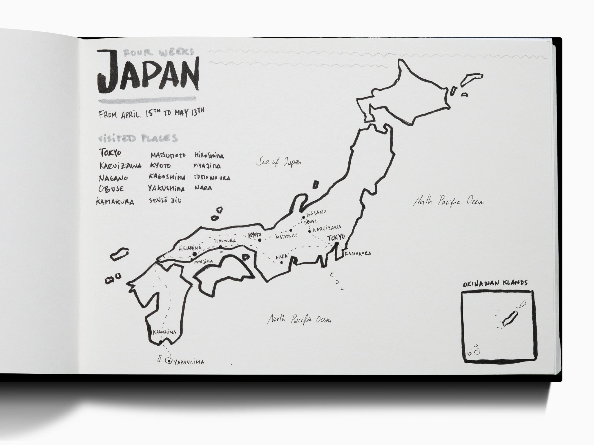 Pen map of Japan titled Four Weeks Japan, April 15th to May 13th, with the route dotted between visited places and a list of cities.