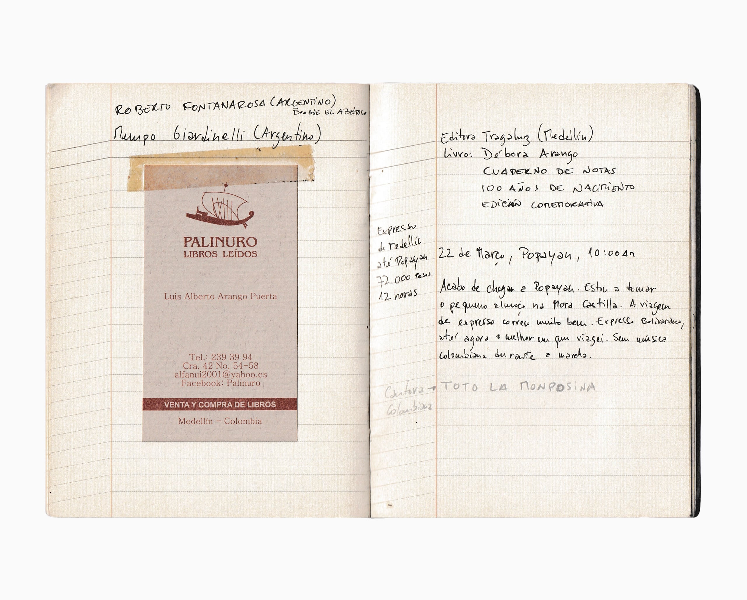 Handwritten notebook page with Palinuro's business card attached.
