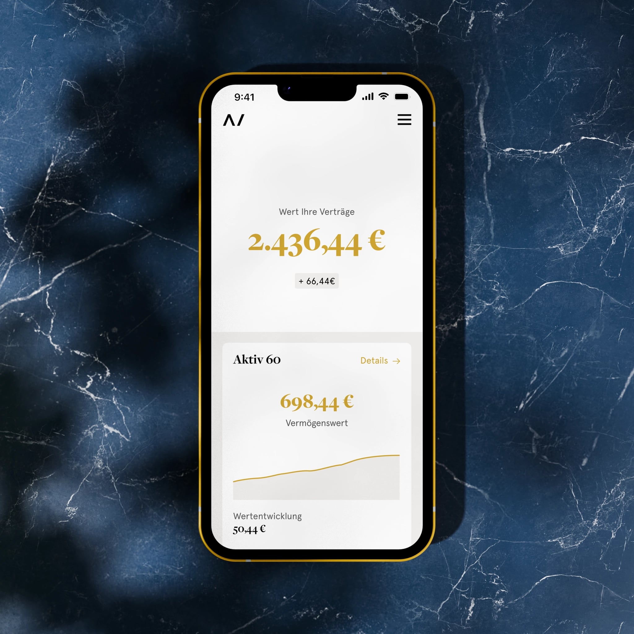 The Allvest cockpit on a gold-edged phone against dark navy marble, showing a contract value of 2.436,44 euro above the Aktiv 60 position