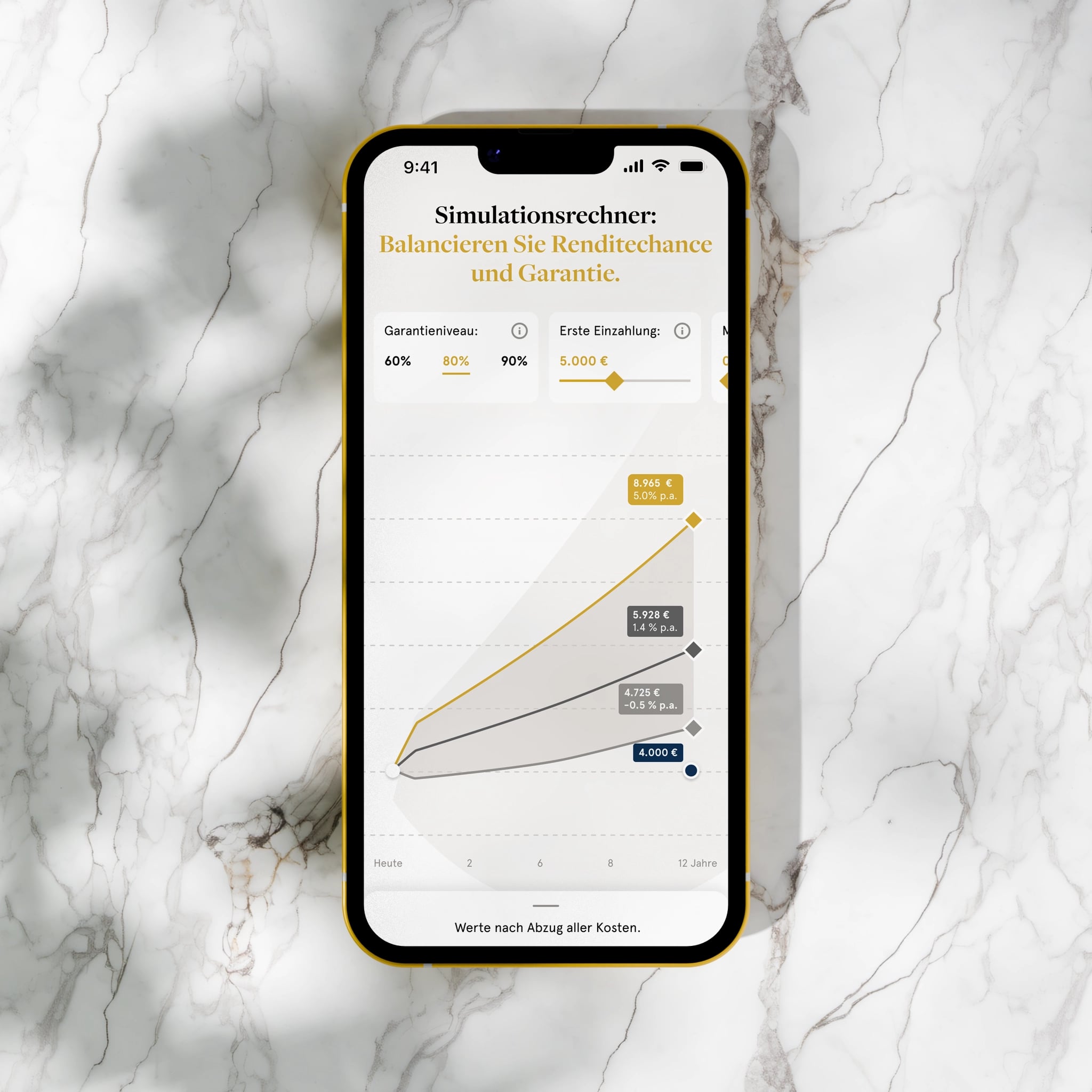 The simulation calculator running in the phone app, laid on white marble, its fan chart labelled with the four outcome scenarios