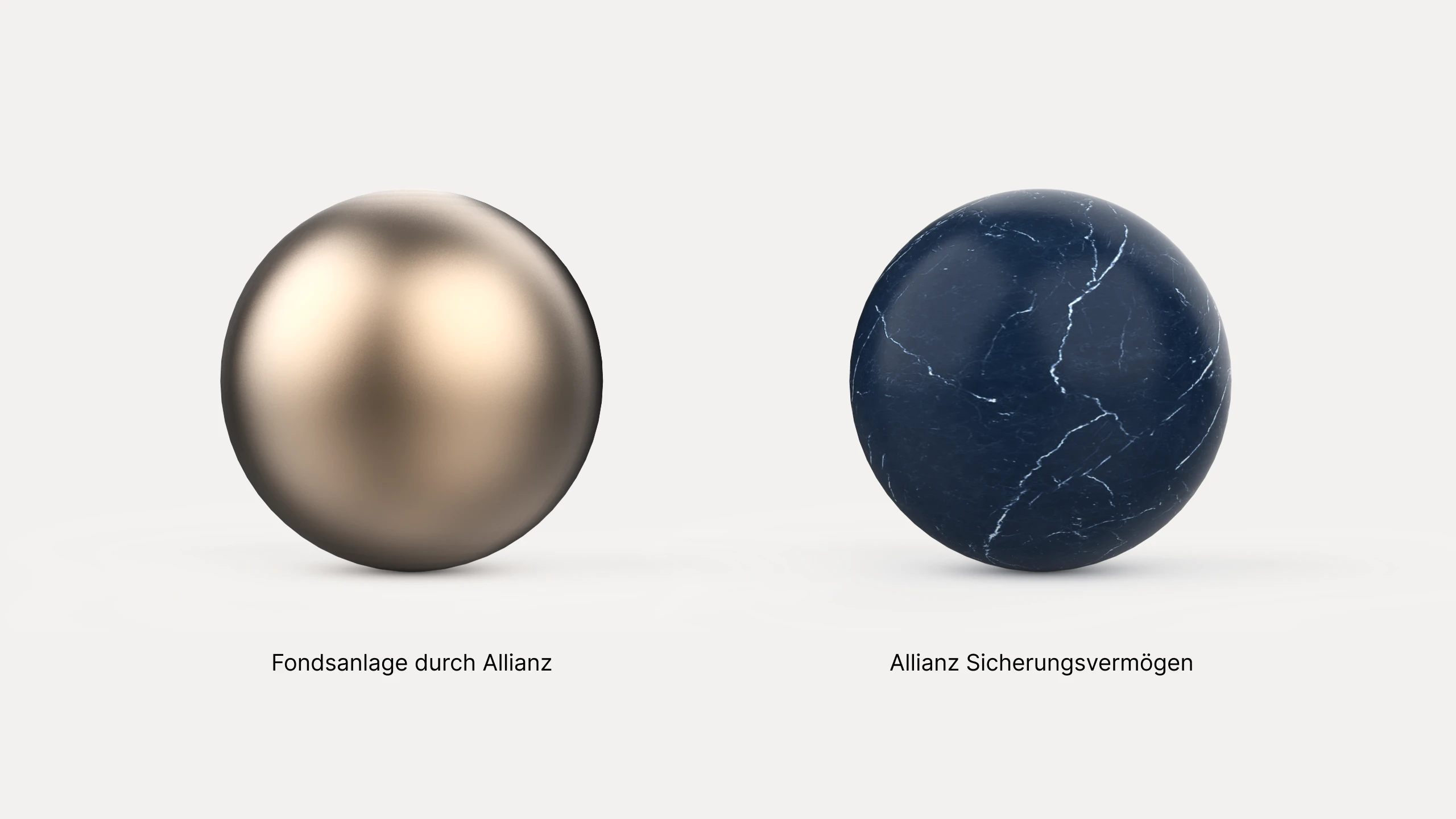 The two brand spheres side by side and labelled: the gold one Fondsanlage durch Allianz, the navy marble one Allianz Sicherungsvermogen