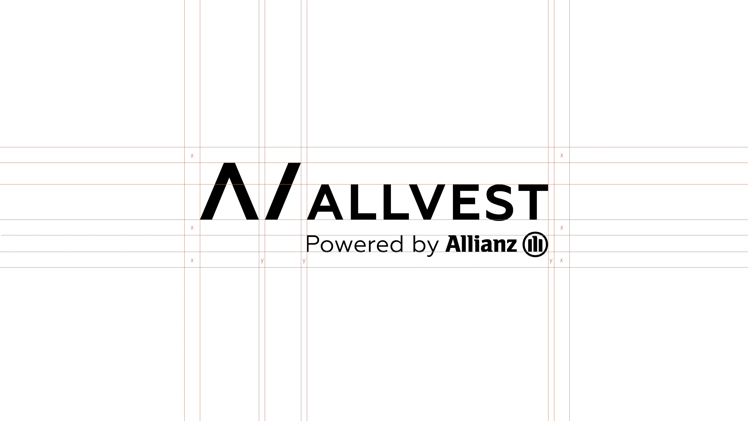 The Allvest logotype over its construction guides, showing the clear space and alignment rules for the mark, wordmark and Allianz endorsement