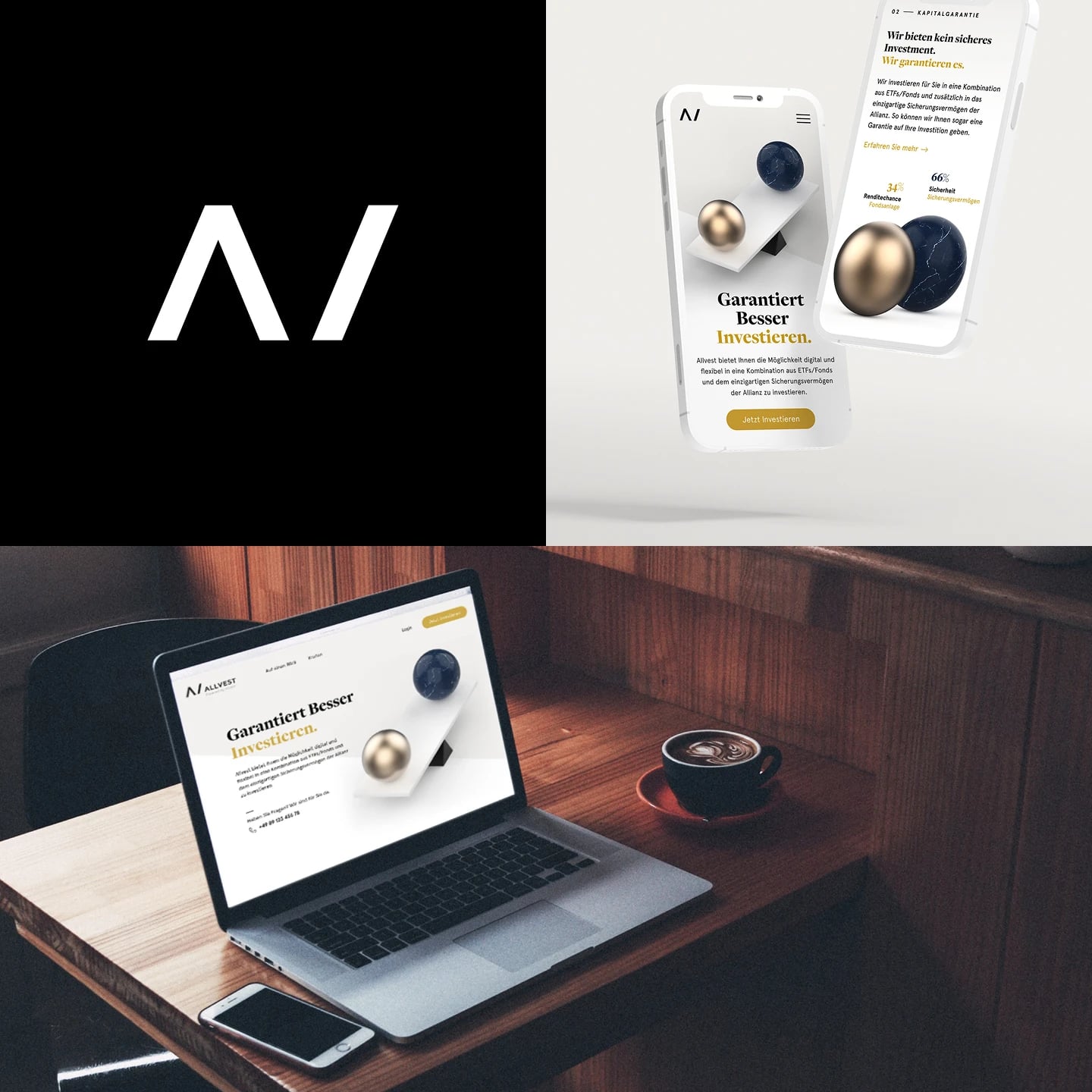 Three-part composition of the finished work: the mark on black, the mobile marketing pages, and the desktop site open on a laptop beside a coffee