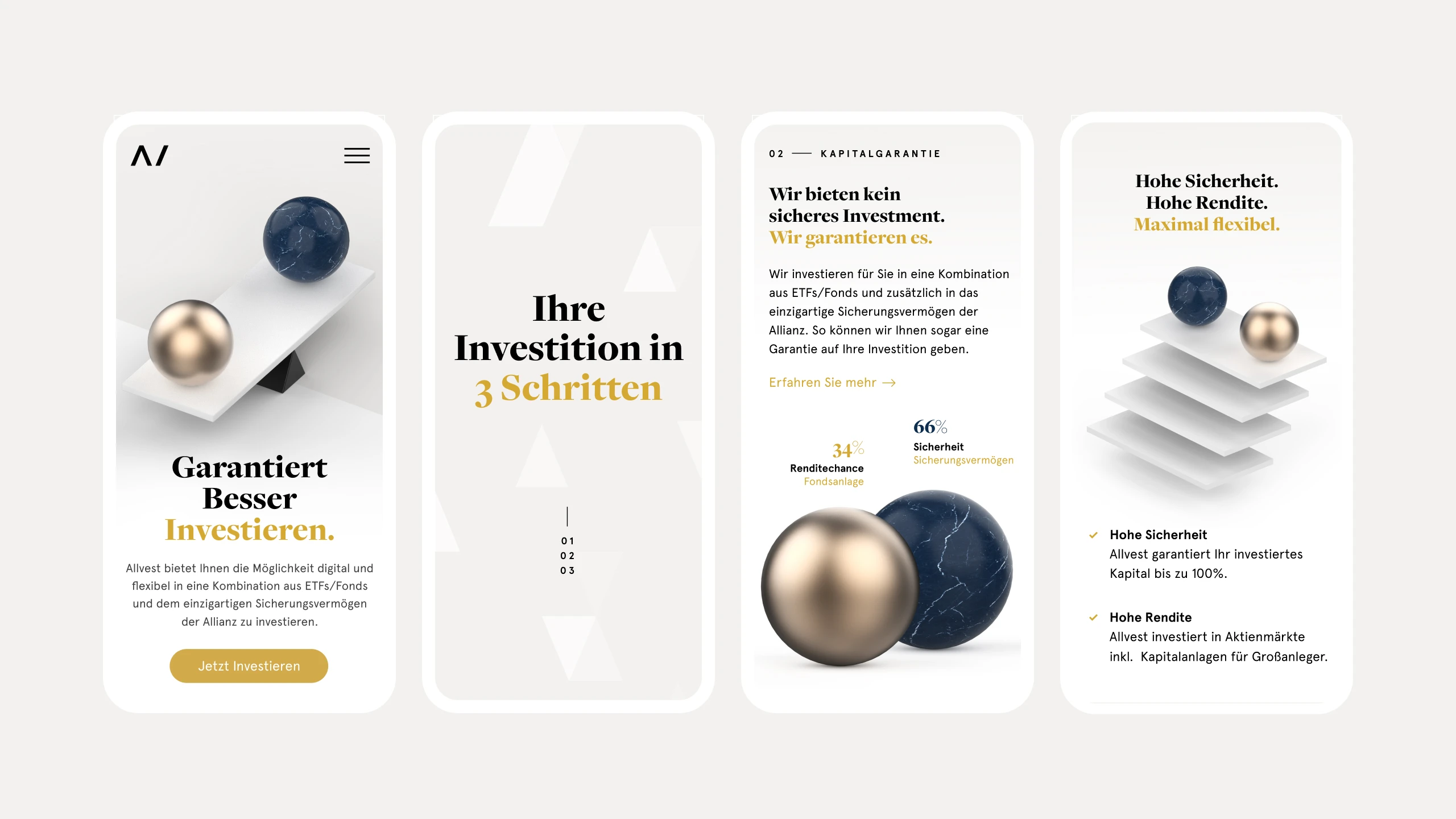 Four mobile marketing screens: the hero, the three-step chapter opener, the capital guarantee split at 34 and 66 per cent, and the benefits list