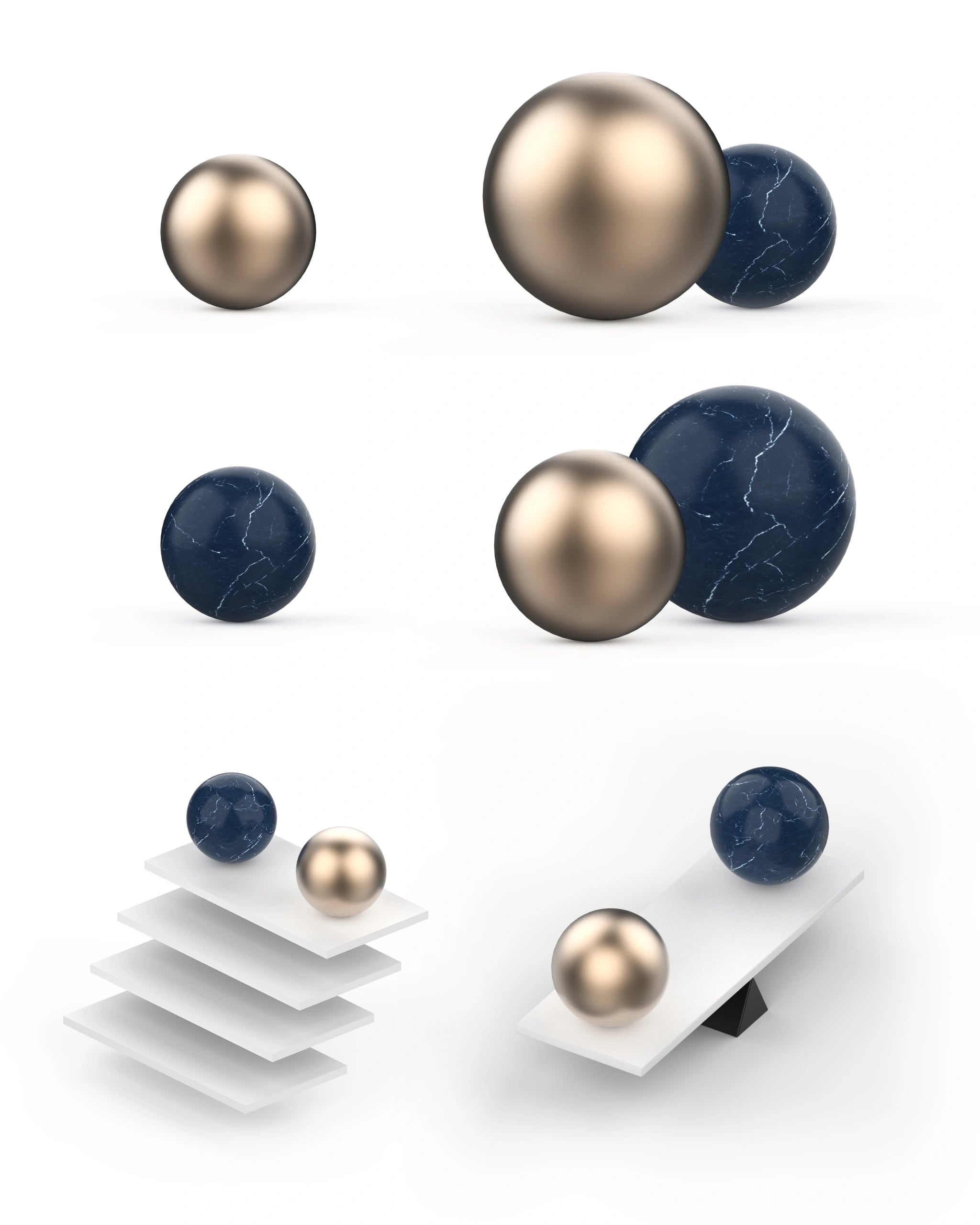 Rendered studies of a champagne-gold sphere and a navy marble sphere, shown at different sizes and balanced on stacked plates and a seesaw