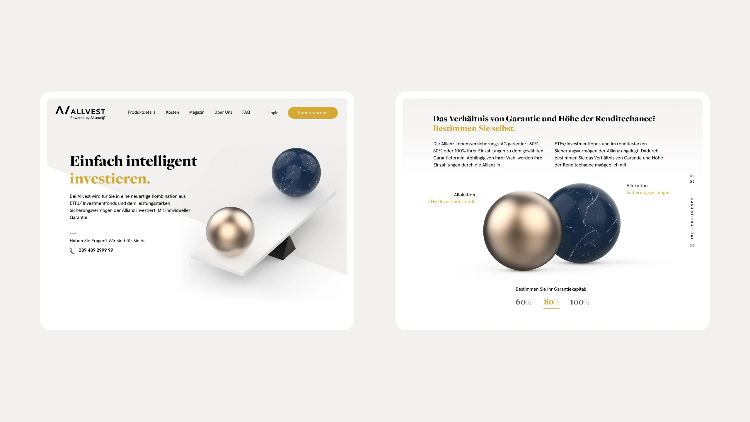 Two marketing page screens: the hero, Einfach intelligent investieren, over the balancing spheres, and the guarantee explainer with the allocation slider