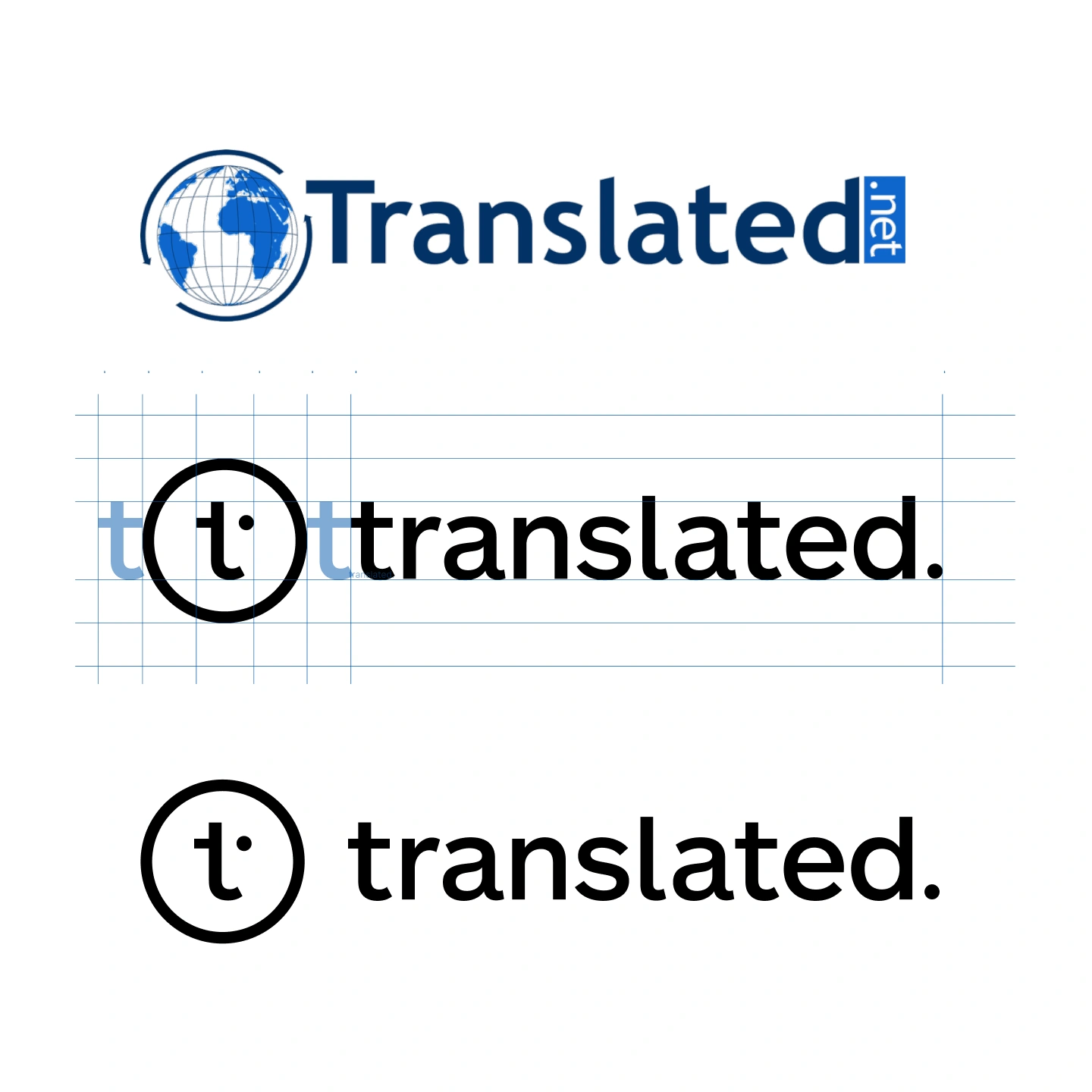 The old logo above the new one, with construction grid: a lowercase t and a dot inside a circle, beside the wordmark translated with a full stop