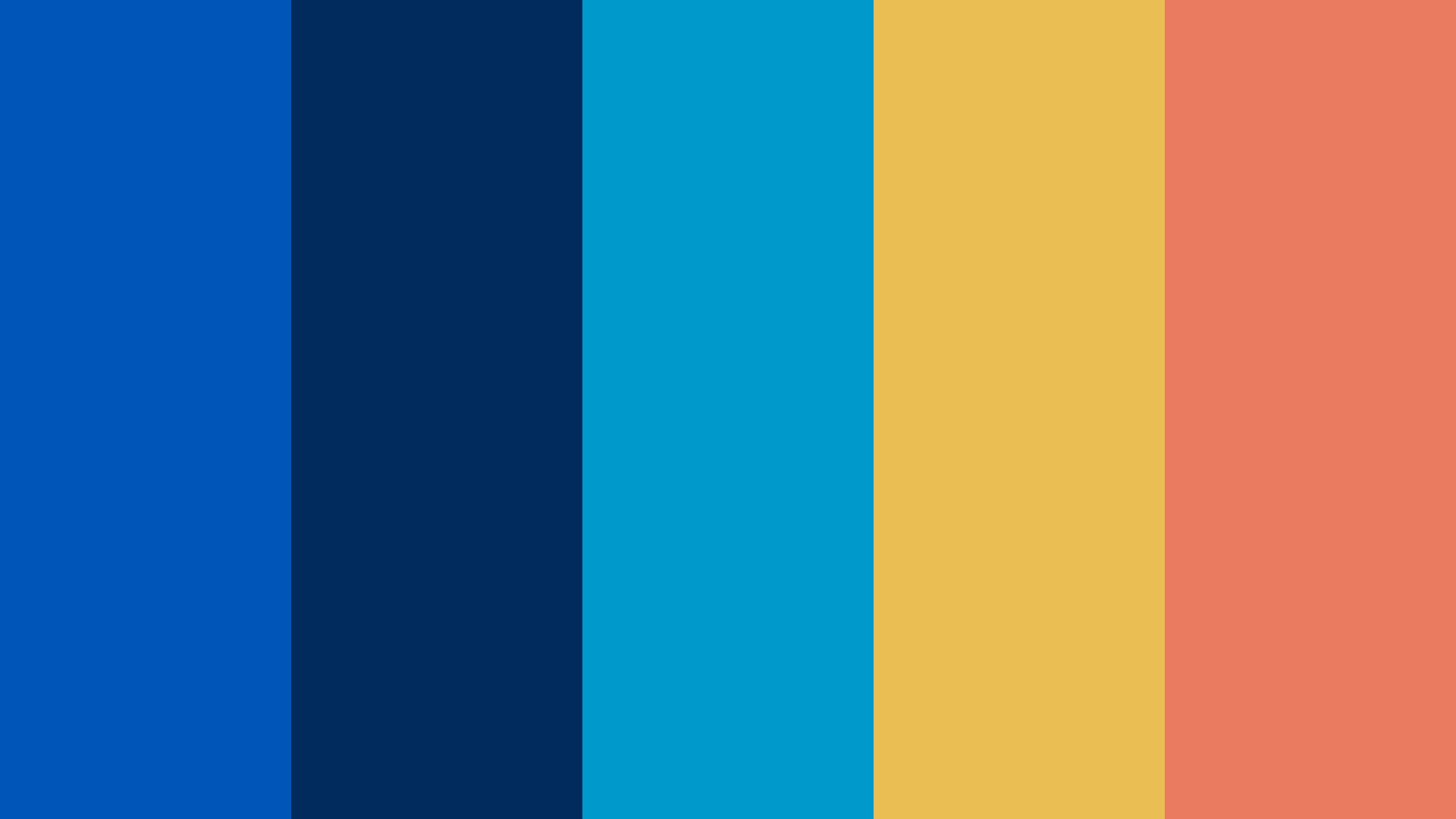 The brand palette as five vertical bands: primary blue, navy, cyan, yellow and coral