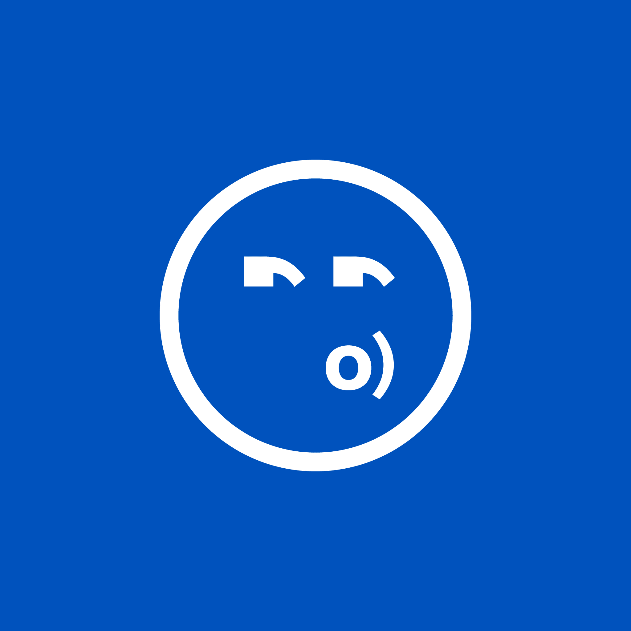 The Whisperer product icon in white on brand blue, a face built from two commas, a circle and a bracket