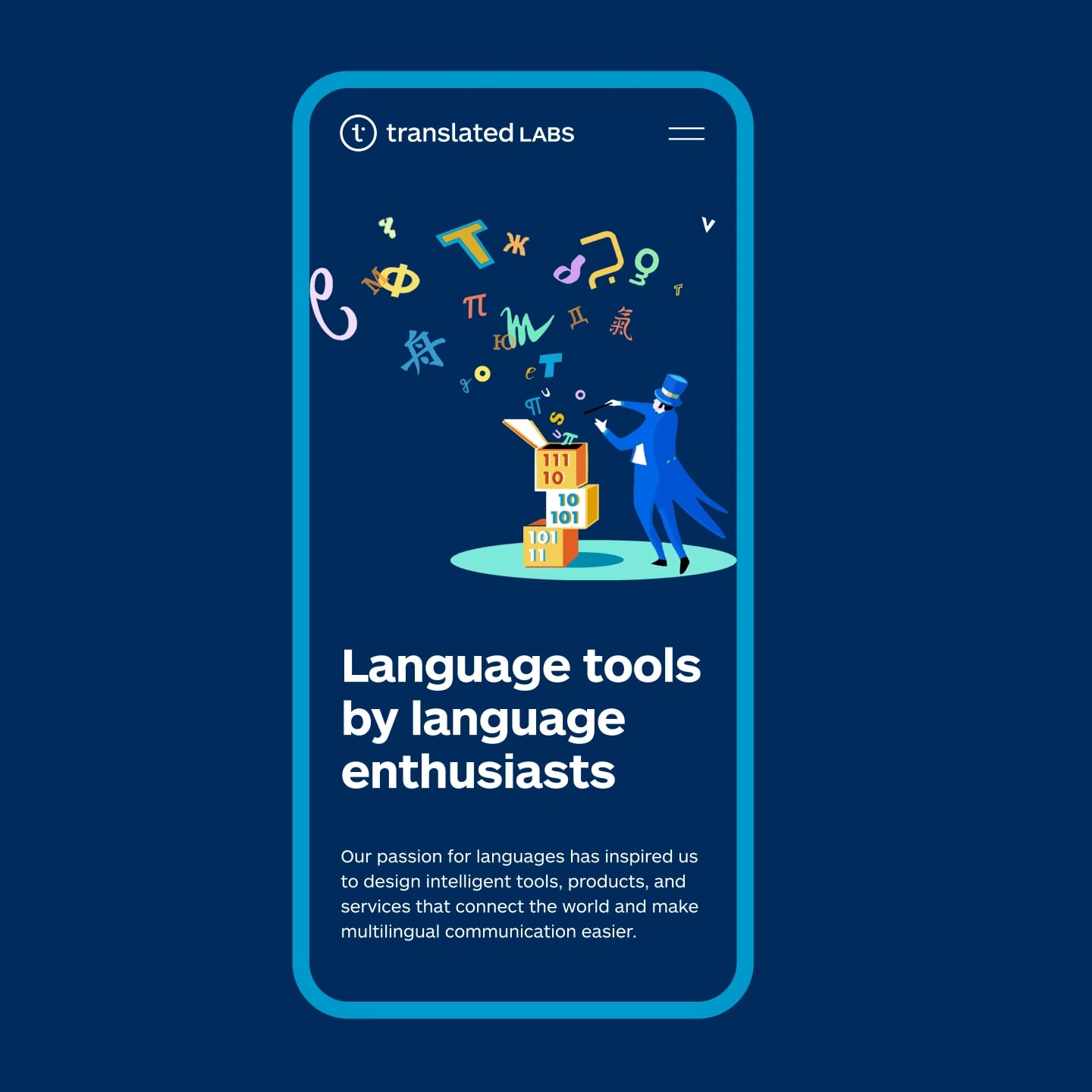 The Translated Labs site on a phone, a magician conjuring letterforms out of binary blocks above the headline Language tools by language enthusiasts