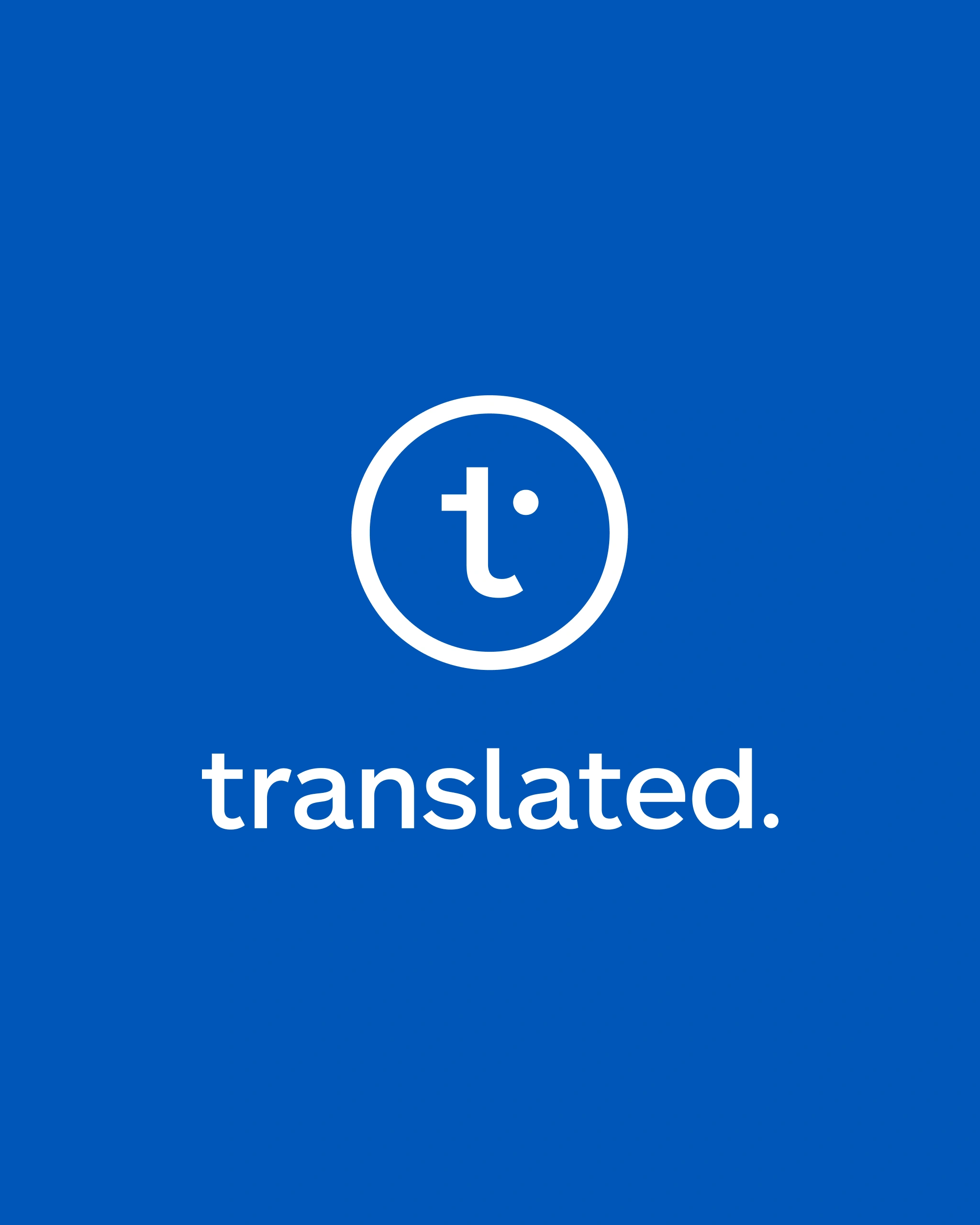 The stacked signature: the circular t mark above the translated wordmark, in white on brand blue
