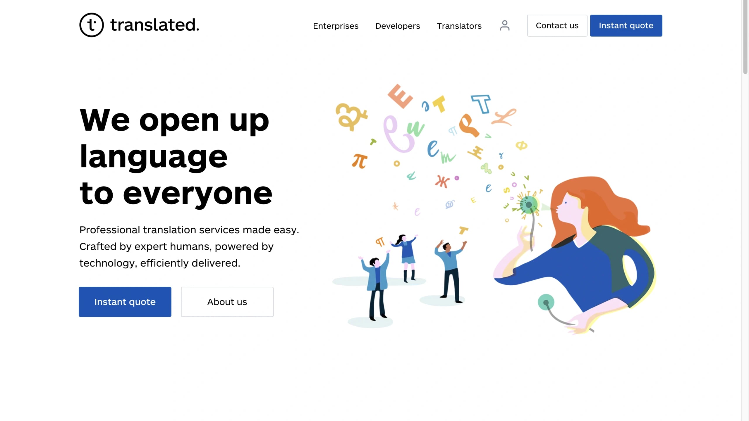 The redesigned homepage hero, We open up language to everyone, beside an illustration of people releasing letterforms into the air
