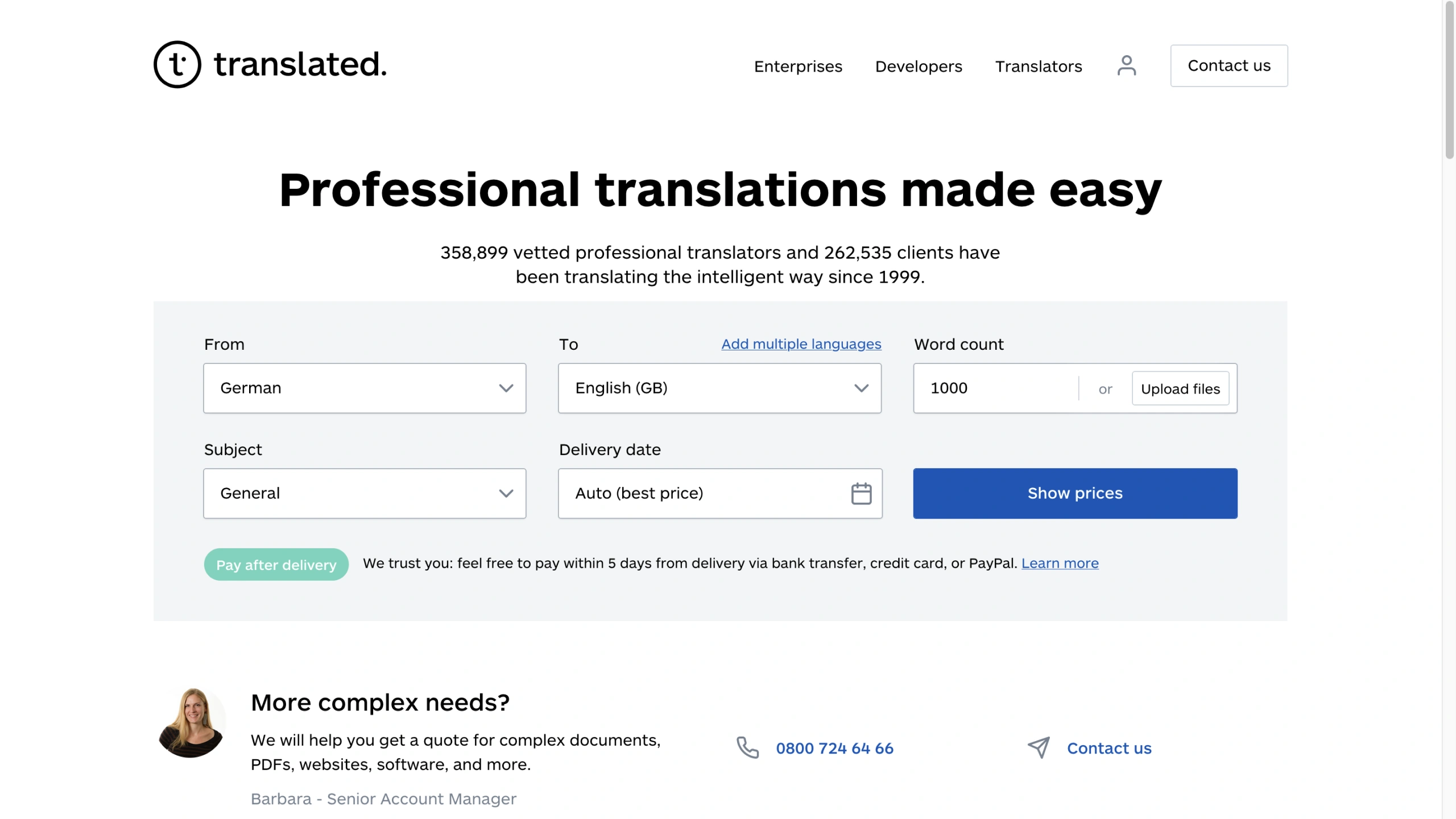 The instant quote page, with source and target language, word count, subject and delivery date laid out above a pay-after-delivery note