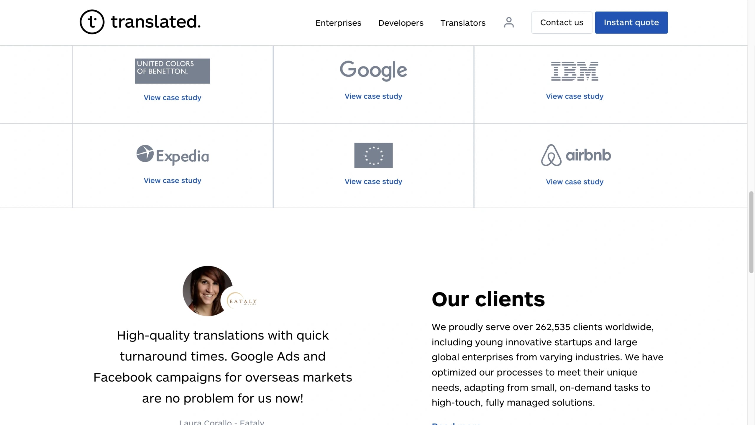 The clients section, a grid of case study links for Benetton, Google, IBM, Expedia, the European Union and Airbnb above a customer quote