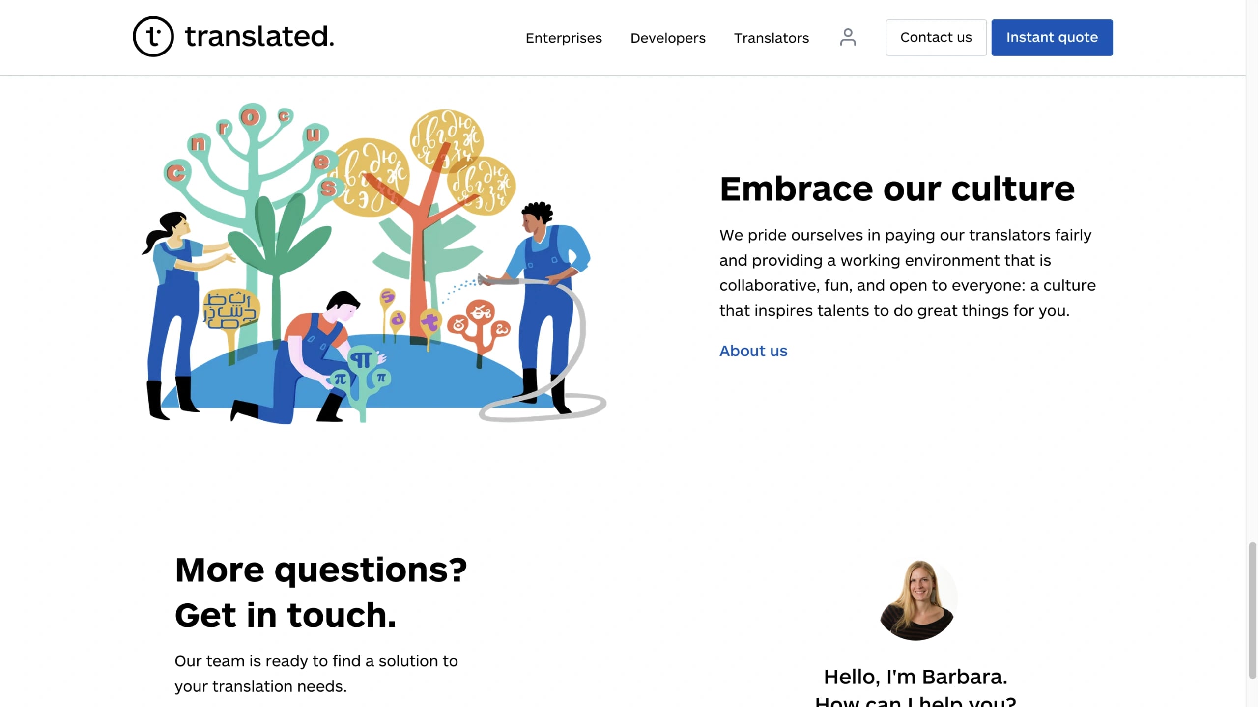 The Embrace our culture section, an illustration of translators tending a garden of letterforms beside the invitation to get in touch