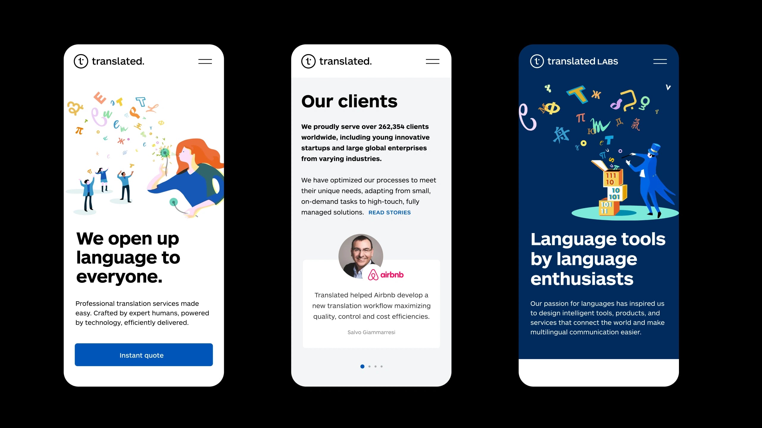Three phones showing the redesigned site: the homepage hero, the Our clients section with an Airbnb testimonial, and the Translated Labs landing page
